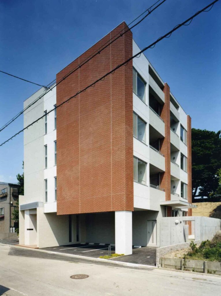 デザイナーズマンション、外観、2丁掛けタイル、セッキ質タイル、コンクリート打放、RC造、鉄筋コンクリート造、モダン、逆梁工法、河川敷
