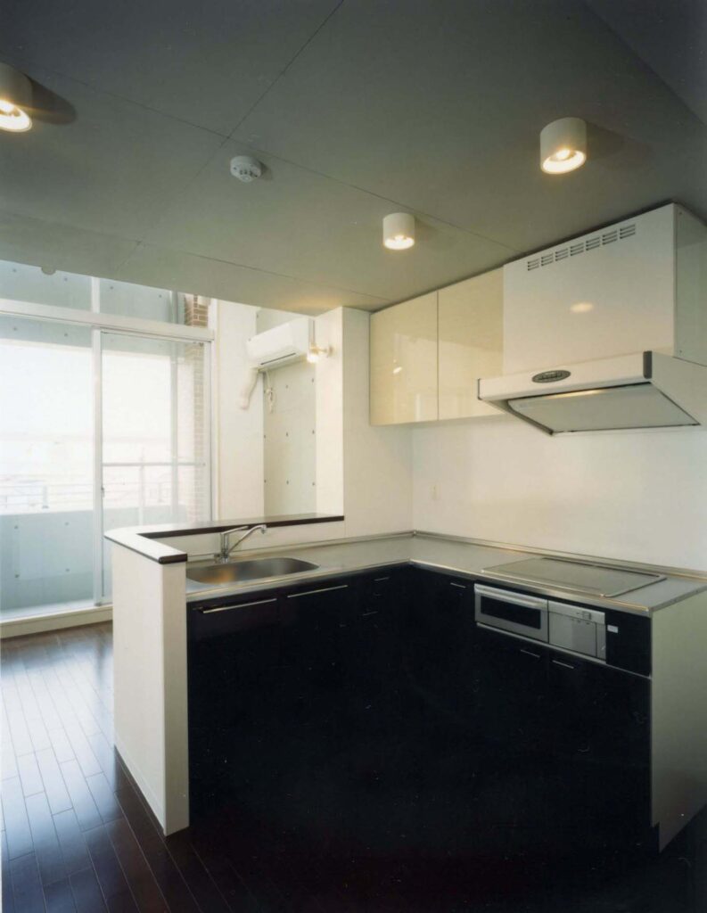 デザイナーズマンション、リビング吹抜け、対面キッチン、L型キッチン、RC造、鉄筋コンクリート造、モダン
