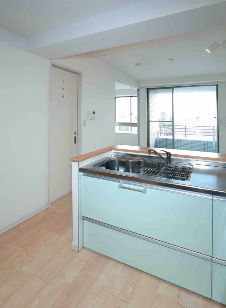 デザイナーズマンション、リビングダイニング、対面キッチン、ハイサッシ
、逆梁工法、RC造、鉄筋コンクリート造、モダン、名古屋市、昭和区鶴舞